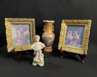 Bisque Figurine, Ceramic Vase, Framed Photos (