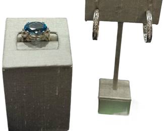 Blue Stone (Topaz?) Sterling Silver Ring & Sterling Silver Earrings