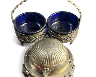 FB Rogers Silver Plate Butter Dish Blue Glass Dishes In Sectioned Silver Plate Holder