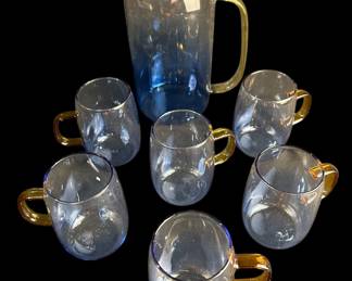 Blue Pitcher & Hand Blown Glass Set New (7)