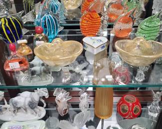 Blown glass fish, lalique, millefiori paperweights, gold fleck murano & more