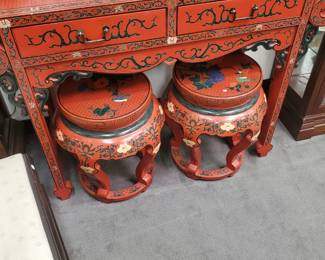 Red Lacquer stools and table