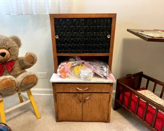 Awesome Mid Century Play Pretend Kitchen Cupboard w/ Accessories