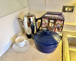 Vintage Percolator, Blue Ceramic Casserole
