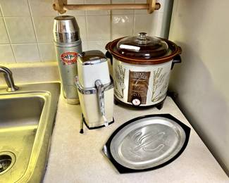 Vintage Crock Pot, Ice Crusher, Thermos