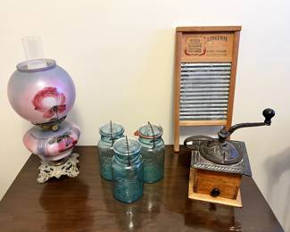 Antique Painted Oil Lamp, Blue Ball Mason Jars, Wash Board, Antique Coffee Grinder
