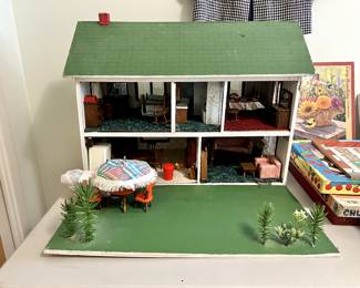 Vintage Handmade Wooden Dollhouse w/ Furniture + Accessories