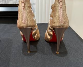 C120 - $250. Size 35. Christian Louboutin Balota Gold Glitter Sandals with Bag & Box. 