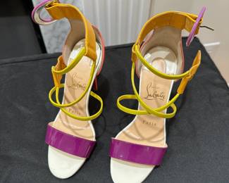 C109 - $150 - Size 34. Christian Louboutin Choca 100 Multicolor Stiletto Heel Ankle Strap Sandals. Calfskin. Worn Once - so light wear on the bottom. 