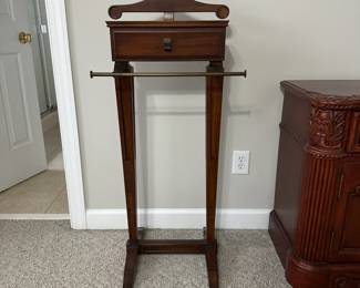 C47 - $40. Bombay Valet Stand. Measures 20" wide x 18" deep x 44" tall. Has single drawer. Very good condition. 