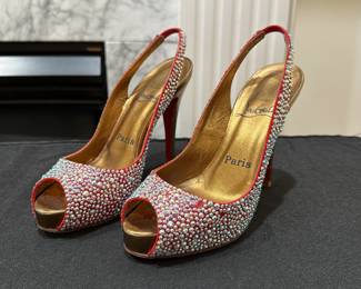 C115 - $125. Size 35. Christian Louboutin Strassed Sparkle Sling Backs. (We have extra crystals to replace the few that have fallen off)