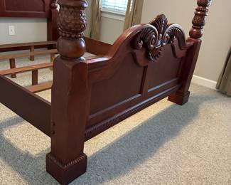 C57 - $200 - Queen 4 Poster Bed Frame.  Measures 66" wide x 93" long x 84" tall. No mattress available. Small cosmetic crack on the right side of the headboard. Still structurally sounds and could easily be covered with a furniture pen. 