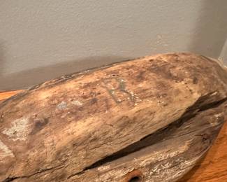 D20 - $40. Wooden Duck Decoy - Mallard with Faded Paint. Signed R and made from an interesting piece of wood. 