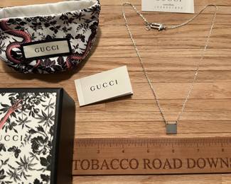 J26 - $150. Gucci Sterling Necklace Square Charm. Tag Reads "Gucci" on Front "Ag925 1313 AR" on Back. 18" Chain. 