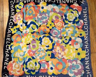 J42 - $150. Chanel Silk Scarf ( 1 very minor pull noted) Vibrant colors. 