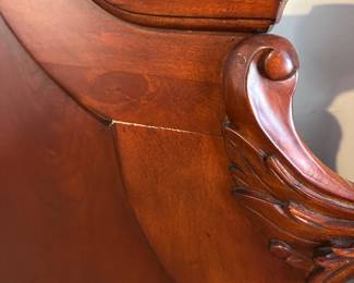 C57 - $200 - Queen 4 Poster Bed Frame.  Measures 66" wide x 93" long x 84" tall. No mattress available. Small cosmetic crack on the right side of the headboard. Still structurally sounds and could easily be covered with a furniture pen. 