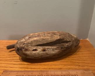 D20 - $40. Wooden Duck Decoy - Mallard with Faded Paint. Signed R and made from an interesting piece of wood. 