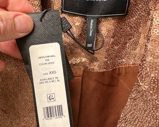 C59 - $30. NWT - XXS. BCBGMAXAZRIA. Relaxed Double Breasted Sequin Blazer. Gold. 