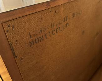 C31 - $250. Bassett Buffet. Measures 62.5" wide x 21.5" deep x 33" tall. Monticello. All drawers slide. Small area on the top that has surface damage - see photo. Monticello Bassett Furniture