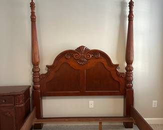 C57 - $200 - Queen 4 Poster Bed Frame.  Measures 66" wide x 93" long x 84" tall. No mattress available. Small cosmetic crack on the right side of the headboard. Still structurally sounds and could easily be covered with a furniture pen. 