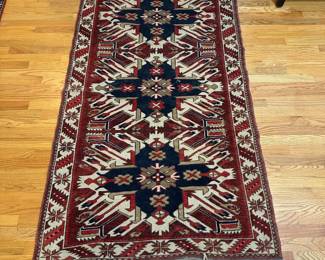 C41 - $150. Vintage Area Rug - no tag. Measures 42" x 75". Looks like Hand Knotted Wool. Some damage/ wear to trim. Very Pretty Colors. 