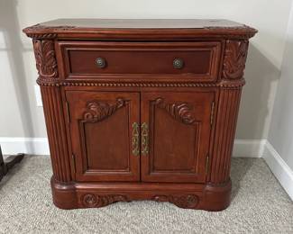 C48 - $150 - PAIR - Measures 32" wide x 17" deep x 29.5" tall. Both show minor top surface wear. Drawers/door all work. 