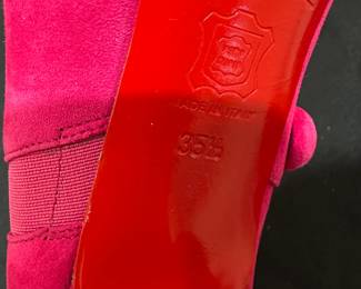 C122 - Size 35.5. $225. Christian Louboutin C'est Moi Pink Suede Button Ankle Boots with Box (worn very gently if ever!)