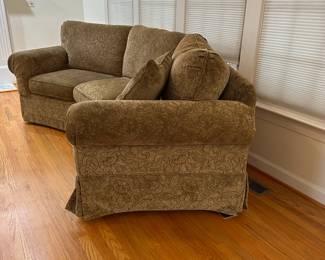 C42 - $150 - Bassett Curved Couch. Measures 106" long x 38" deep x 31" top of back (38" top of cushions). Has some spots/marks that hide well because of color but would benefit from being spot cleaned. 