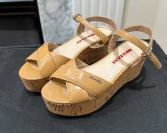 C111 - $75 - Size 35. Prada. Neutrals Wedge Platform Cork Sandals. Gently Worn. 