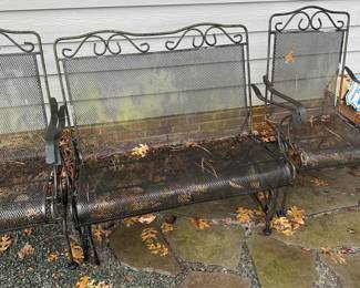 C195 - $195 - 3 Piece Iron Furniture. 2 bouncing chairs. Gliding Bench. Structurally sound but they would benefit from a fresh coat of paint. 