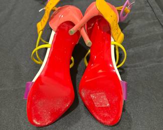 C109 - $150 - Size 34. Christian Louboutin Choca 100 Multicolor Stiletto Heel Ankle Strap Sandals. Calfskin. Worn Once - so light wear on the bottom. 