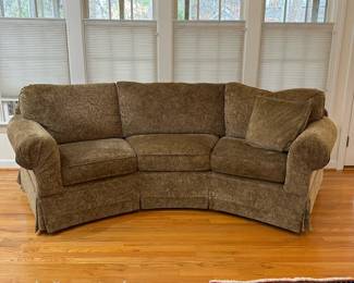 C42 - $150 - Bassett Curved Couch. Measures 106" long x 38" deep x 31" top of back (38" top of cushions). Has some spots/marks that hide well because of color but would benefit from being spot cleaned. 