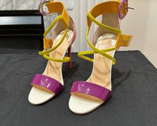 C109 - $150 - Size 34. Christian Louboutin Choca 100 Multicolor Stiletto Heel Ankle Strap Sandals. Calfskin. Worn Once - so light wear on the bottom. 