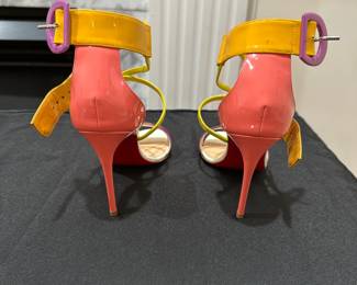 C109 - $150 - Size 34. Christian Louboutin Choca 100 Multicolor Stiletto Heel Ankle Strap Sandals. Calfskin. Worn Once - so light wear on the bottom. 