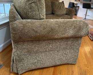 C42 - $150 - Bassett Curved Couch. Measures 106" long x 38" deep x 31" top of back (38" top of cushions). Has some spots/marks that hide well because of color but would benefit from being spot cleaned. 