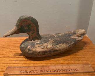 D20 - $40. Wooden Duck Decoy - Mallard with Faded Paint. Signed R and made from an interesting piece of wood. 
