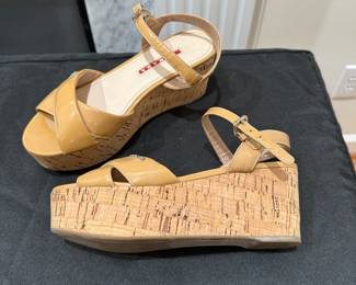 C111 - $75 - Size 35. Prada. Neutrals Wedge Platform Cork Sandals. Gently Worn. 