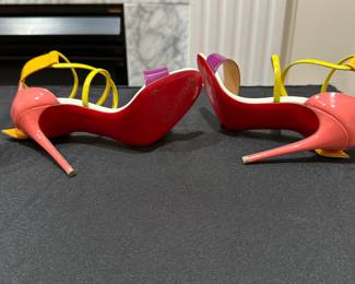 C109 - $150 - Size 34. Christian Louboutin Choca 100 Multicolor Stiletto Heel Ankle Strap Sandals. Calfskin. Worn Once - so light wear on the bottom. 