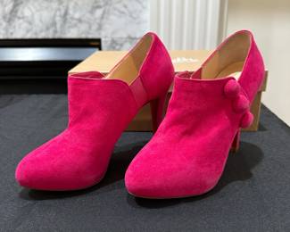 C122 - Size 35.5. $225. Christian Louboutin C'est Moi Pink Suede Button Ankle Boots with Box (worn very gently if ever!)