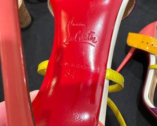 C109 - $150 - Size 34. Christian Louboutin Choca 100 Multicolor Stiletto Heel Ankle Strap Sandals. Calfskin. Worn Once - so light wear on the bottom. 