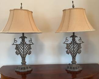 C28 - $45 PAIR of lamps. Bases are metal - shades are in great condition. Measures 30" tall. 