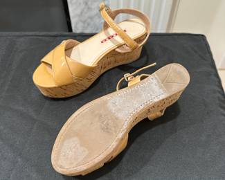 C111 - $75 - Size 35. Prada. Neutrals Wedge Platform Cork Sandals. Gently Worn. 