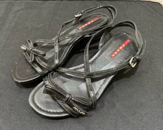 C113 - $75. Size 35. Vintage Prada Strappy Wedges with Bow