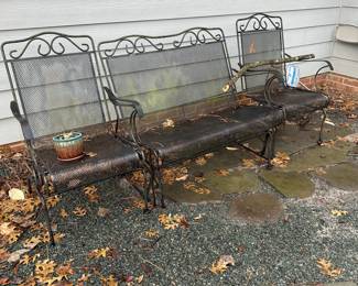C195 - $195 - 3 Piece Iron Furniture. 2 bouncing chairs. Gliding Bench. Structurally sound but they would benefit from a fresh coat of paint. 