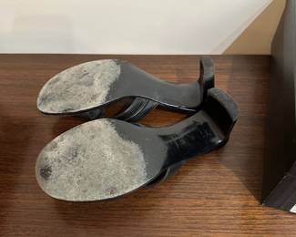 C127 - $75. Size 5.5. Chanel Shoes with Bag & Box. Black Mules. Bottoms are worn. 