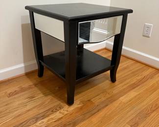 C40 - $30 - Single Drawer Side Table with mirror accents. Measures 22" square x 24" tall. 