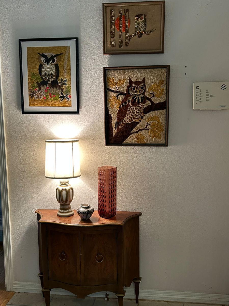Baker Console Walnut Cabinet
70’s Bubble Vase
Crewel Owl Art