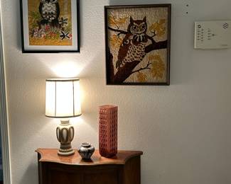 Baker Console Walnut Cabinet
70’s Bubble Vase
Crewel Owl Art