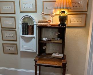 SHELL MOTIF DECOR- FRAMED SHELL PICS- BOOKSHELF WITH SLIDE OUT SHELF TO MAKE A SMALL DESK