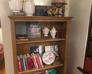 NICE PINE BOOKSHELF WITH HISTORICAL BOOKS,AND OTHER FINE DECOR
